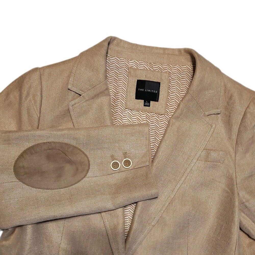 Limited Womens Large Beige Linen Blazer Jacket Suede Elbow Patch Career Casual